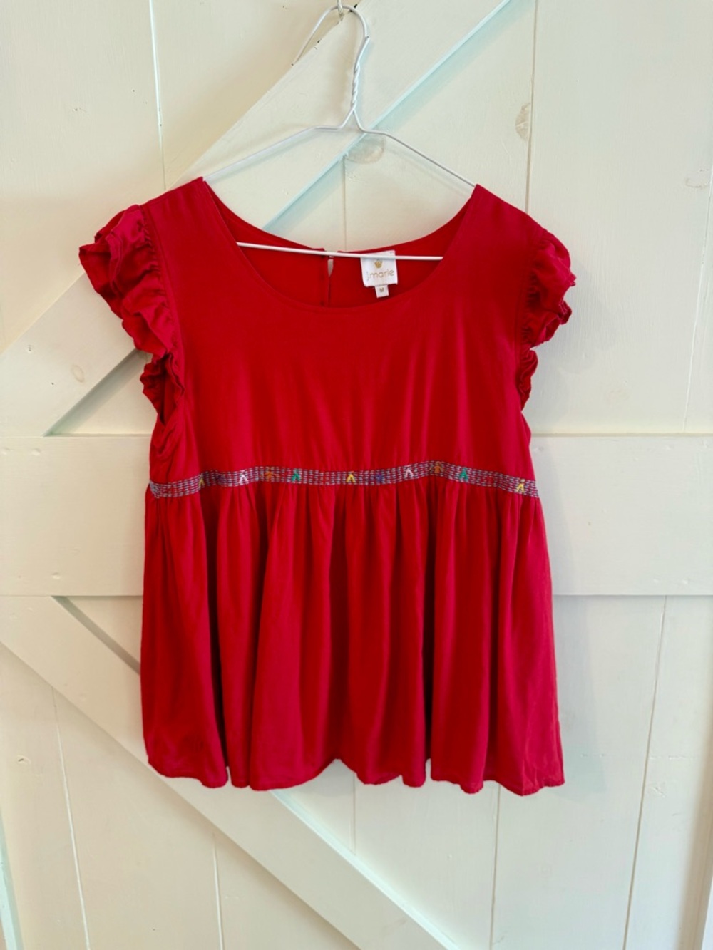 J. Marie Red Ruffle Sleeve Babydoll Top Medium Embroidered Boho Blouse